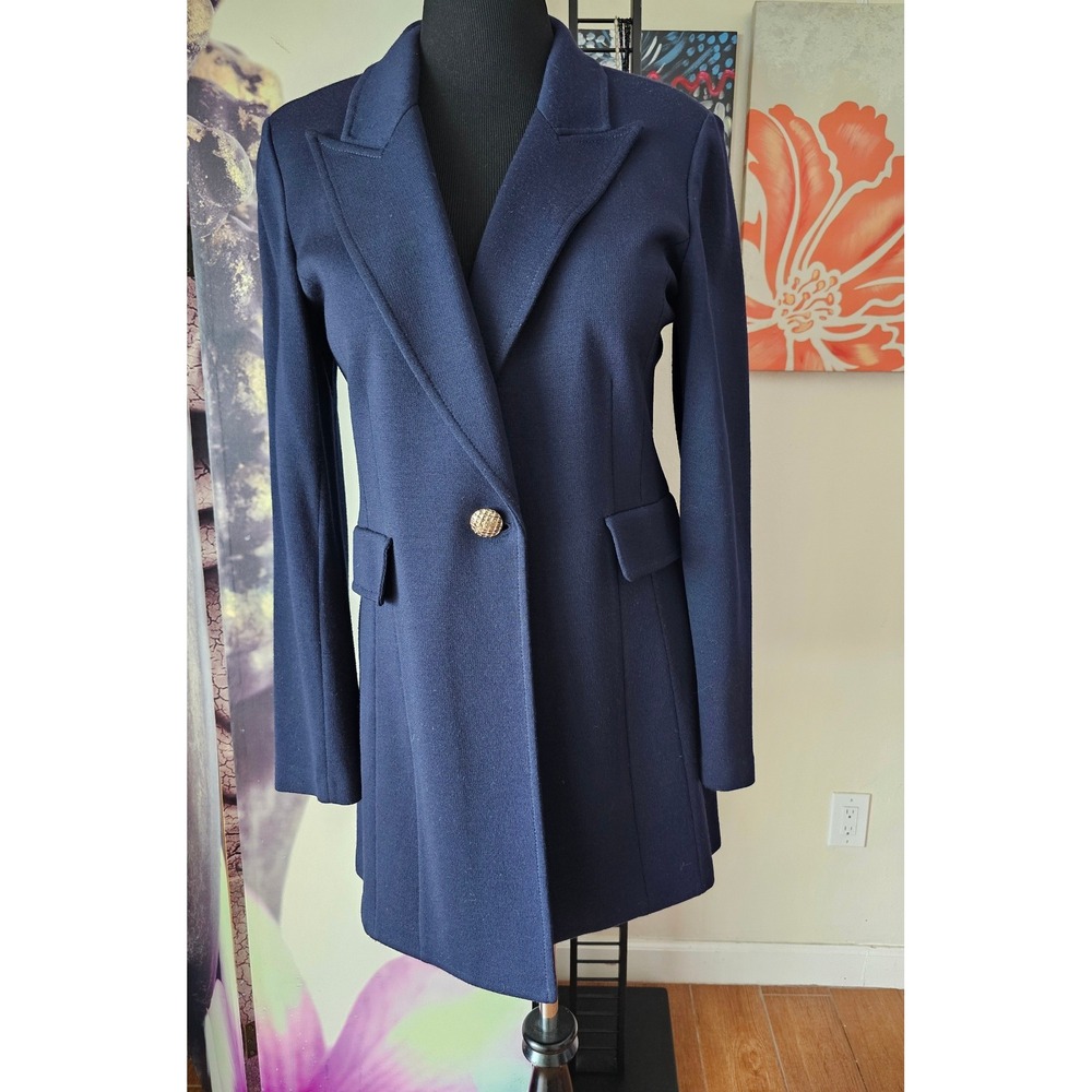 St John Caviar Navy Blue Santana Knit Single Button Long Blazer Jacket 12 YJ01